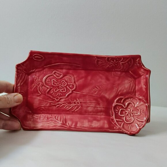Red Art Pottery Trinket Dish, Signed MS, Floral Embossed Ceramic Vanity Tray 9" - Picture 4 of 10